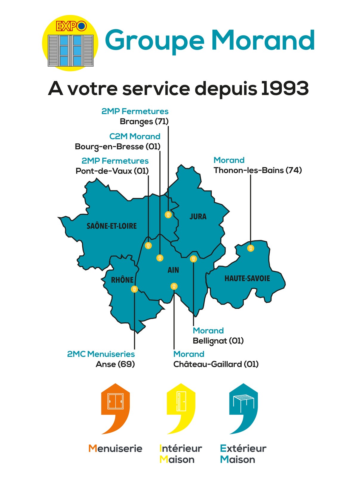 Carte des 7 agences du Groupe Morand en Ain, Rhône, Saône-et-Loire et Haute-Savoie